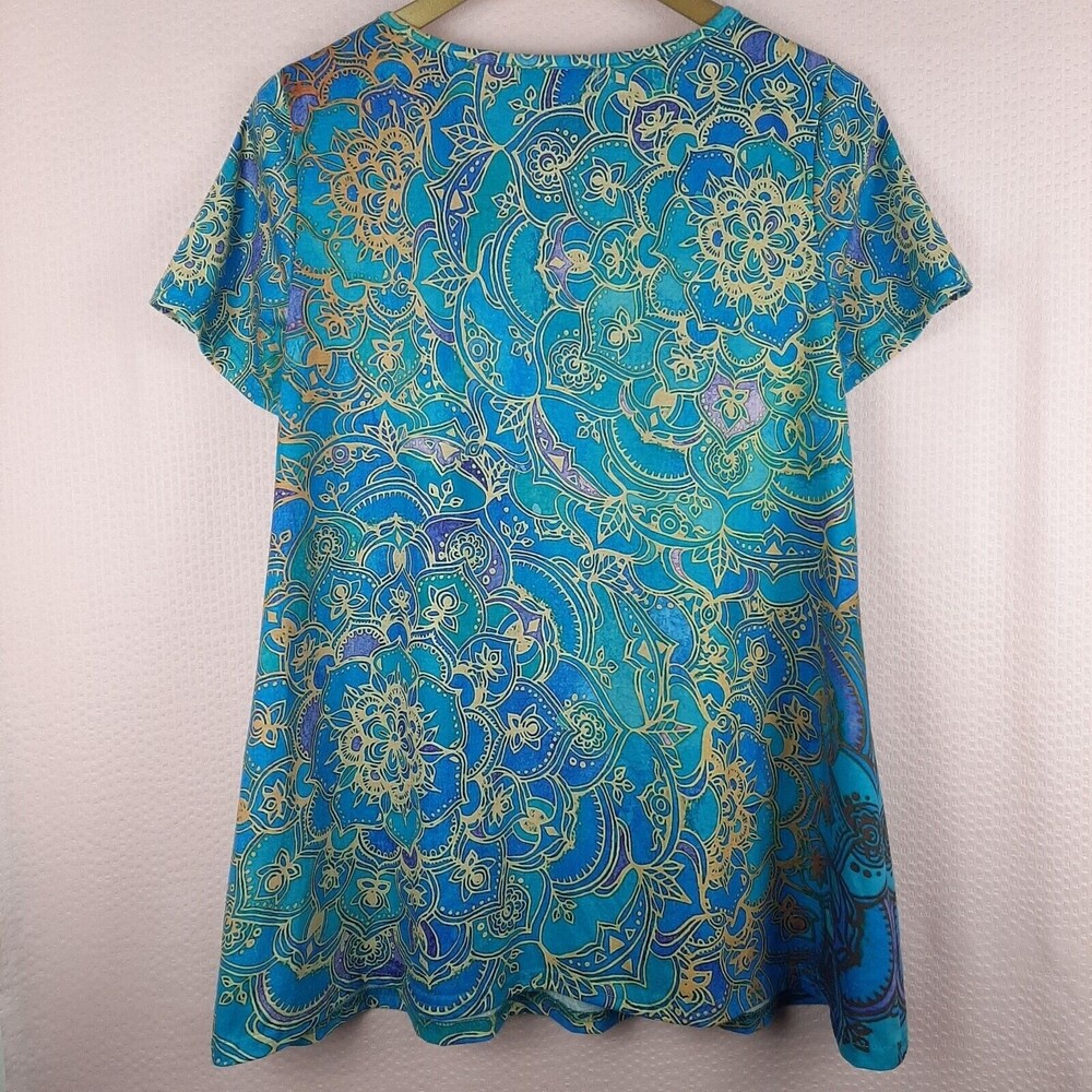 Misslook Women T Shirt Blue Floral Top Zip V Neck Short Sleeve Cotton Blend Sz S - Picture 9 of 12